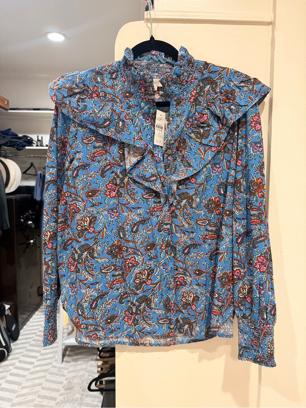 LOFT Blue Floral Ruffle Mock-Neck Blouse